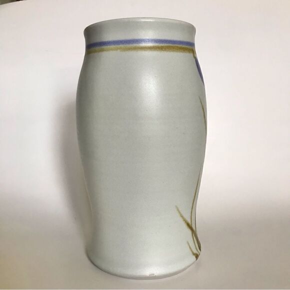 Vintage Artist Signed Blue Floral Botanical 8”  Salt Glaze Pottery Vase - Picture 5 of 14